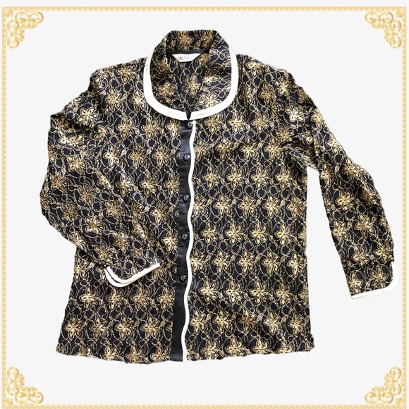 Black and Gold Lace Button Down Blouse - Picture 1 of 7